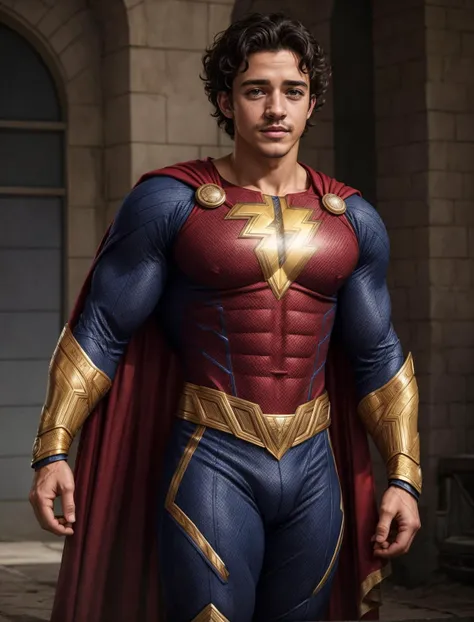 (GS-Masculine:1), (1boy), hero pose, tan glowing skin, freckles, depth of field, dynamic angles, <lora:more_details:0.5>, <lora:Shazamsuit_Lora_v1:0.3>, shazamsuit, cape, golden gauntlets boots, electricity power flowing through his body, unbridled strength and power ready to be released