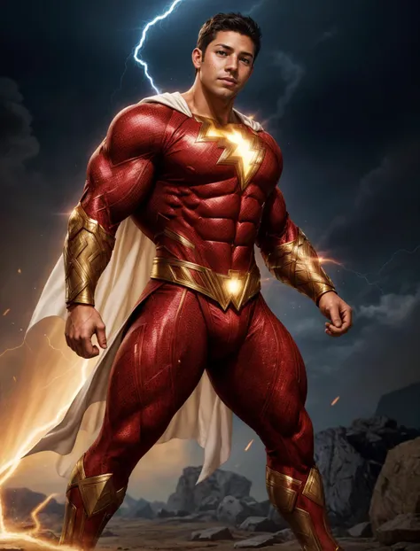 (GS-Masculine:1), (1boy), hero pose, tan glowing skin, freckles, depth of field, dynamic angles, <lora:more_details:0.5>, <lora:Shazamsuit_Lora_v1:0.3>, shazamsuit, cape, electricity power flowing through his body, unbridled strength and power ready to be released