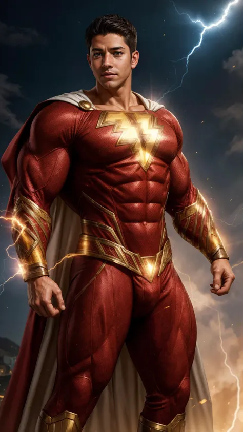 (GS-Masculine:1), (1boy), hero pose, tan glowing skin, freckles, depth of field, dynamic angles, <lora:more_details:0.5>, <lora:Shazamsuit_Lora_v1:0.3>, shazamsuit, cape, electricity power flowing through his body, unbridled strength and power ready to be released