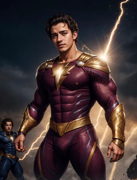 (GS-Masculine:1), (1boy), hero pose, tan glowing skin, freckles, depth of field, dynamic angles, <lora:more_details:0.5>, <lora:Shazamsuit_Lora_v1:0.3>, shazamsuit, cape, golden gauntlets boots, electricity power flowing through his body, unbridled strength and power ready to be released