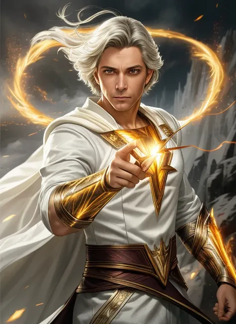 photorealistic photo of a handsome young male wizard, white wizard shirt with golden trim, white robe moving in the wind, long white hair, fully clothed, perfect face, handsome, (perfect composition:1.4), deviantart hd, artstation hd, concept art, detailed face and body, award-winning photography, margins, detailed face, detailed hands, ,backlight, 12k ultrarealistic, ray tracing, intense gaze, looking at the viewer, cinematic lighting, art by Grzegorz Rutkowski, embers, high fantasy background, action pose, hands up to 90 degrees, holding a small magic wand, water splash, misty, shazamsit
 <lora:Shazamsuit_Lora_v1:0.6>