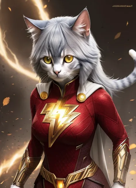 modelshoot style, (extremely detailed CG unity 8k wallpaper), full shot body photo of the most beautiful artwork in the world,half cat were animal, humanioid feline, busty, shazamsuit,  <lora:Shazamsuit_Lora_v1:0.6>