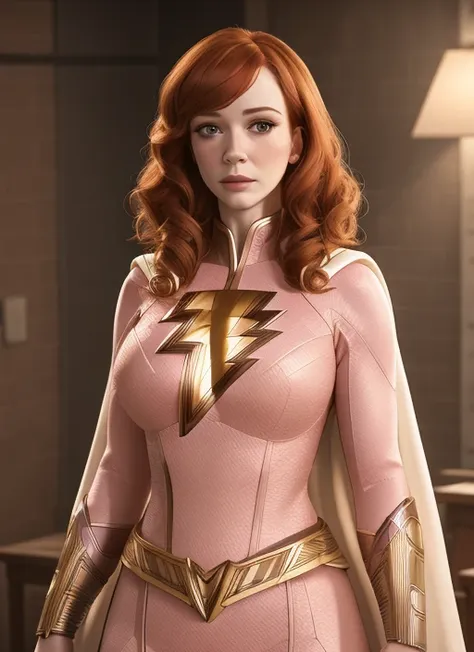 1girl, masterpiece, HQ photo, Christina Hendricks,  she wears a  shazamsuit, white cape,  he is in a studio room, 8k, UHD, HDRI cinematic, <lora:Shazamsuit_Lora_v1:0.6>