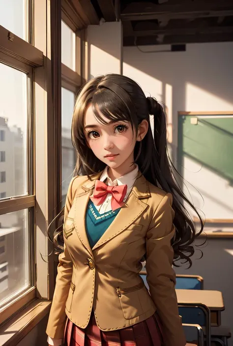 (masterpiece, best quality), 1girl, <lora:shimamura_uzuki_v1:0.8> aauzuki, long hair, one side up, brown eyes, school uniform, red bowtie, blazer, brown jacket, long sleeves, plaid skirt, red skirt