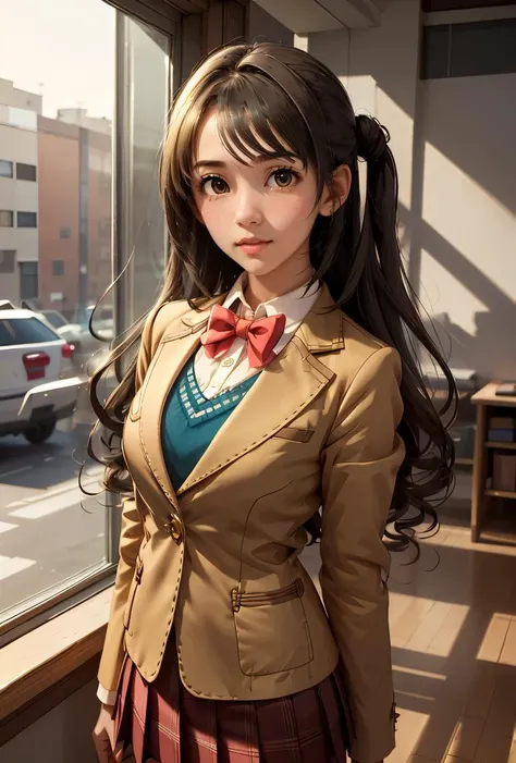 (masterpiece, best quality), 1girl, <lora:shimamura_uzuki_v1:0.8> aauzuki, long hair, one side up, brown eyes, school uniform, red bowtie, blazer, brown jacket, long sleeves, plaid skirt, red skirt