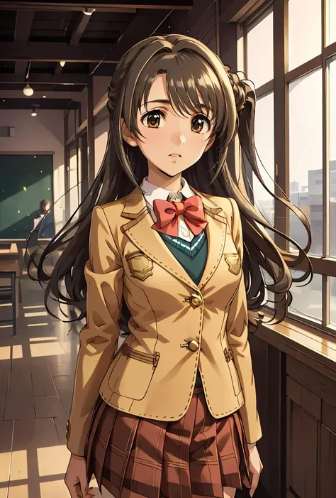 (masterpiece, best quality), 1girl,   <lora:shimamura_uzuki_v1:0.8> aauzuki, long hair, one side up, brown eyes, school uniform, red bowtie, blazer, brown jacket, long sleeves, plaid skirt, red skirt