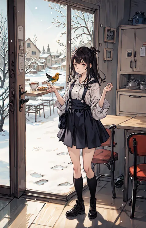 best quality, detailed background, girl,sea, cafeteria, bird, snow, winter,