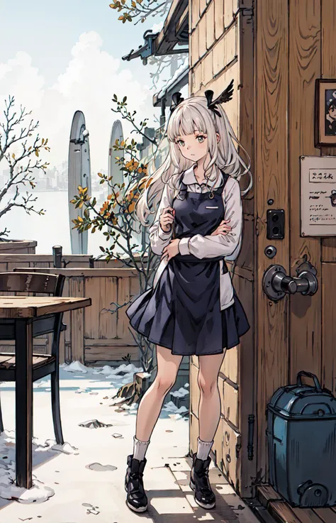 best quality, detailed background, girl,sea, cafeteria, bird, snow, winter, <lora:shadowverseFlame_hahajimafuwariV3:0.3>