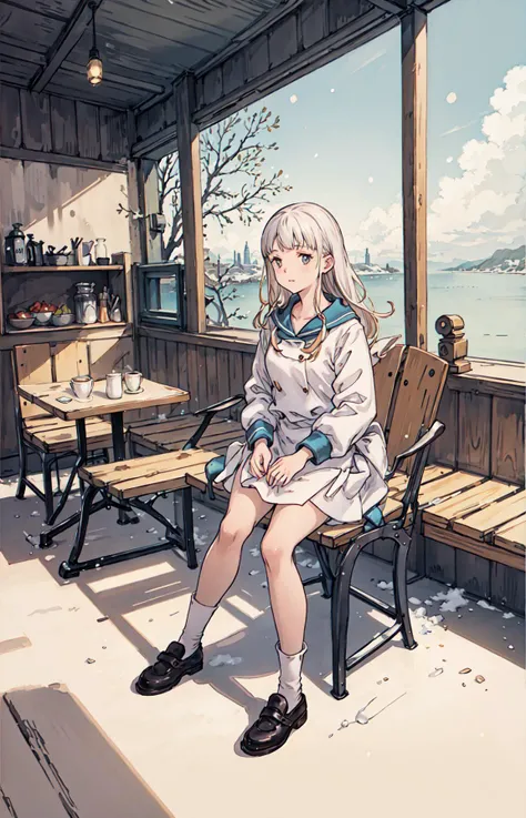best quality, detailed background, girl,sea, cafeteria, bird, snow, winter, <lora:shadowverseFlame_hahajimafuwariV3:0.3>