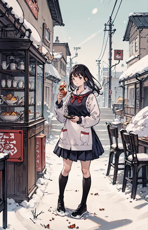 best quality, detailed background, girl,sea, cafeteria, bird, snow, winter, <lora:shadowverseFlame_hahajimafuwariV3:0.3>