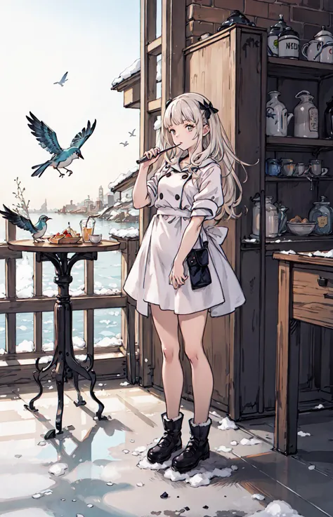 best quality, detailed background, girl,sea, cafeteria, bird, snow, winter, <lora:shadowverseFlame_hahajimafuwariV3:0.3>
