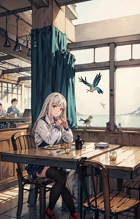 best quality, detailed background, girl,sea, cafeteria, bird, snow, winter, <lora:shadowverseFlame_hahajimafuwariV3:0.3>