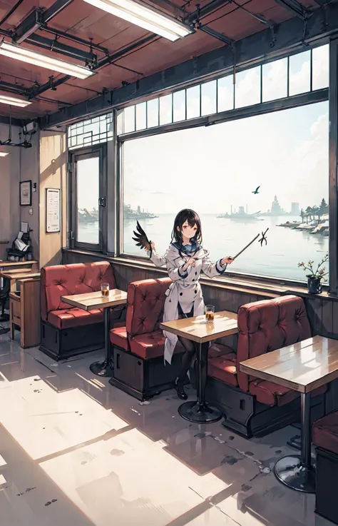 best quality, detailed background, girl,sea, cafeteria, bird, snow, winter,