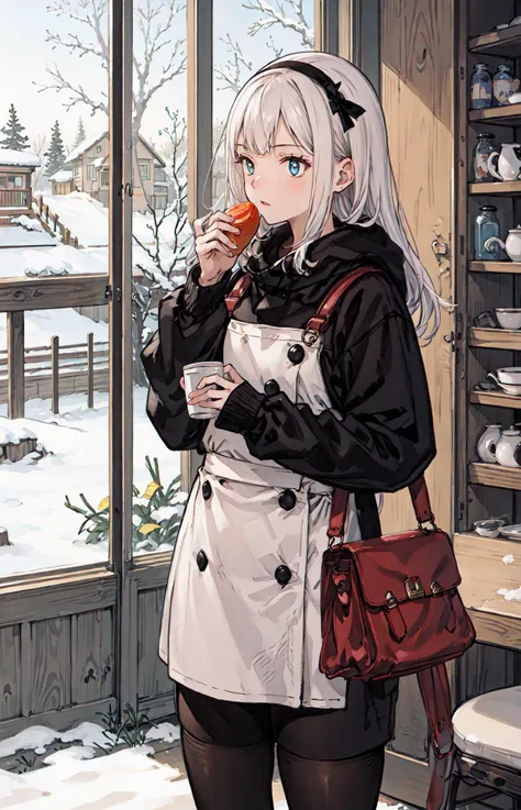 best quality, detailed background, girl,sea, cafeteria, bird, snow, winter,