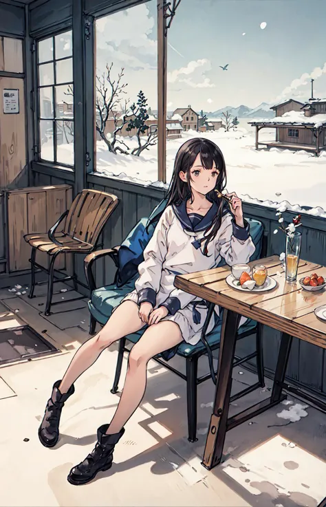 best quality, detailed background, girl,sea, cafeteria, bird, snow, winter, <lora:shadowverseFlame_hahajimafuwariV3:0.3>