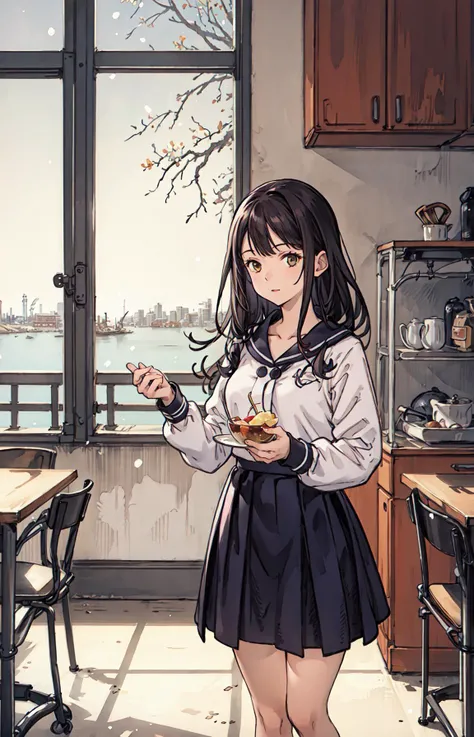 best quality, detailed background, girl,sea, cafeteria, bird, snow, winter, <lora:shadowverseFlame_hahajimafuwariV3:0.3>