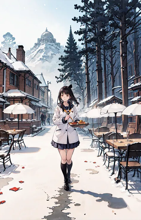 best quality, detailed background, girl,sea, cafeteria, bird, snow, winter, <lora:shadowverseFlame_hahajimafuwariV3:0.3>