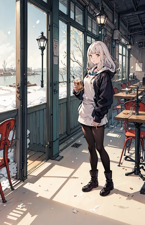 best quality, detailed background, girl,sea, cafeteria, bird, snow, winter, <lora:shadowverseFlame_hahajimafuwariV3:0.3>