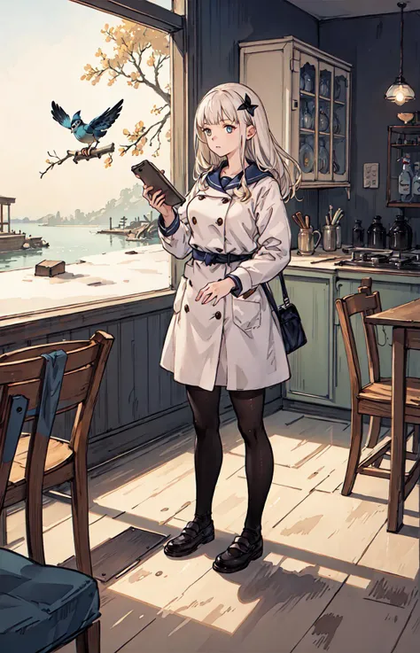 best quality, detailed background, girl,sea, cafeteria, bird, snow, winter, <lora:shadowverseFlame_hahajimafuwariV3:0.3>