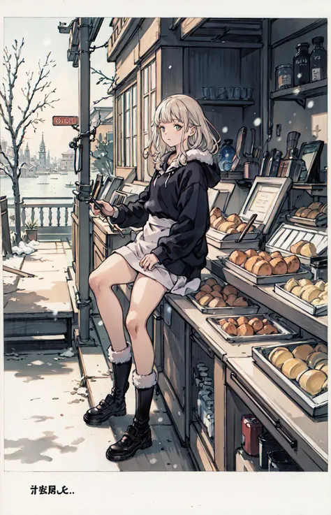 best quality, detailed background, girl,sea, cafeteria, bird, snow, winter, <lora:shadowverseFlame_hahajimafuwariV3:0.3>