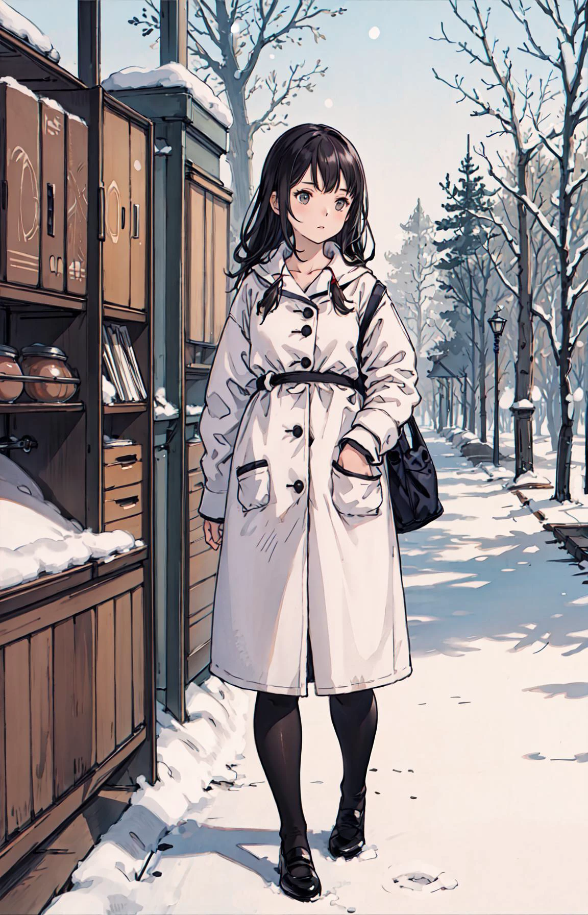 best quality, detailed background, girl,sea, cafeteria, bird, snow, winter, <lora:shadowverseFlame_hahajimafuwariV3:0.3>