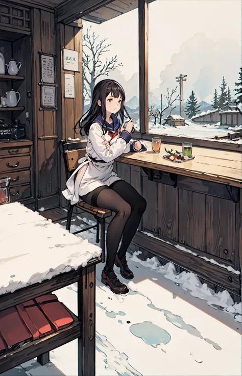 best quality, detailed background, girl,sea, cafeteria, bird, snow, winter, <lora:shadowverseFlame_hahajimafuwariV3:0.3>