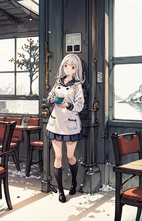 best quality, detailed background, girl,sea, cafeteria, bird, snow, winter, <lora:shadowverseFlame_hahajimafuwariV3:0.3>