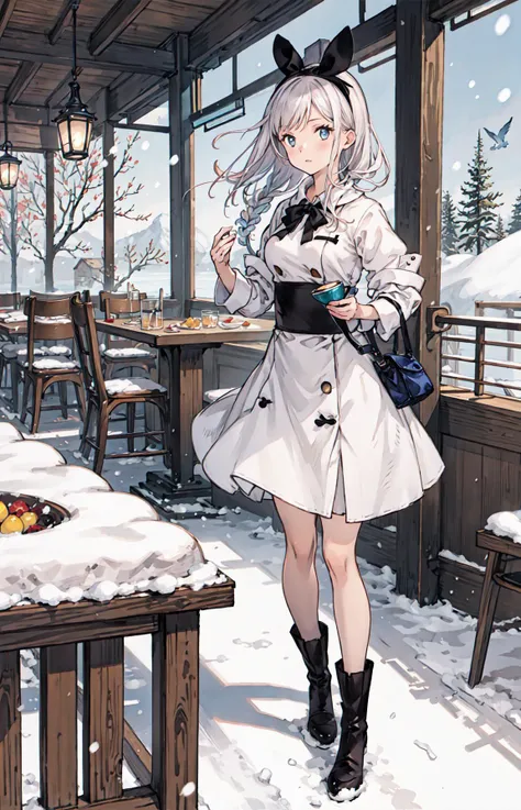 best quality, detailed background, girl,sea, cafeteria, bird, snow, winter,