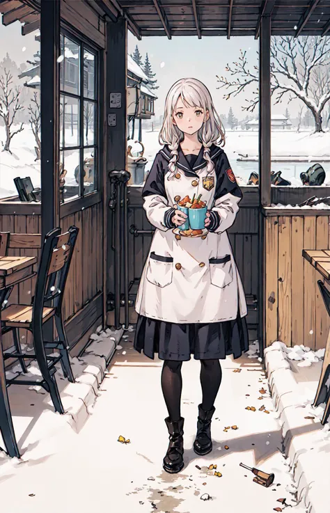 best quality, detailed background, girl,sea, cafeteria, bird, snow, winter, <lora:shadowverseFlame_hahajimafuwariV3:0.3>