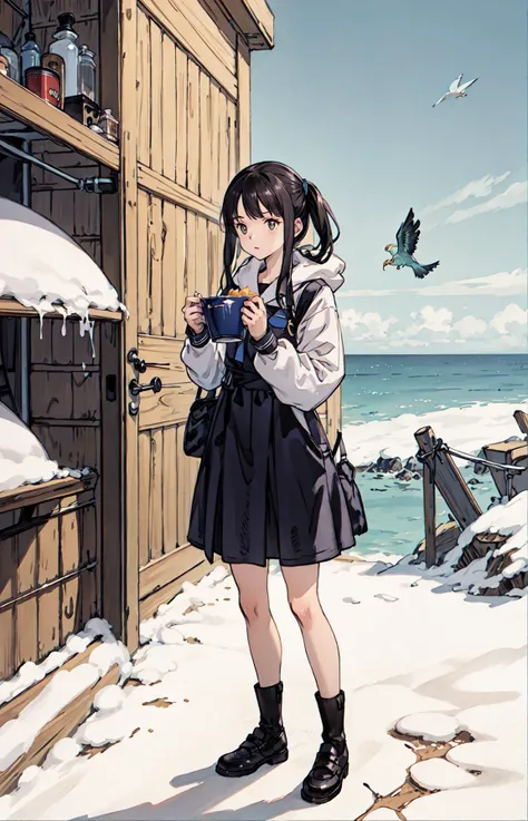 best quality, detailed background, girl,sea, cafeteria, bird, snow, winter, <lora:shadowverseFlame_hahajimafuwariV3:0.3>