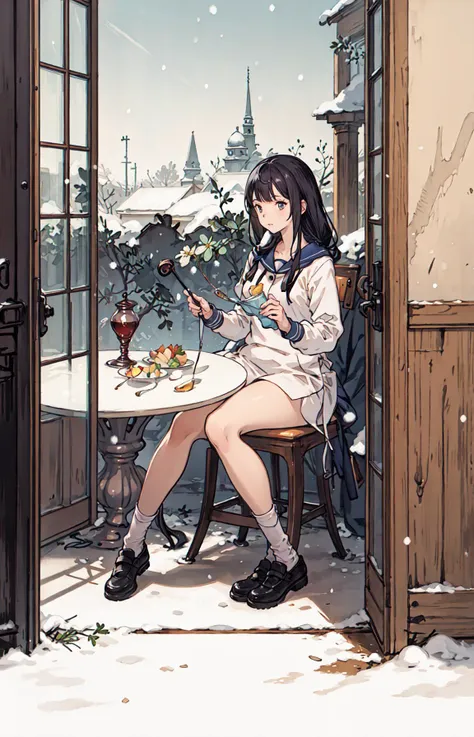 best quality, detailed background, girl,sea, cafeteria, bird, snow, winter, <lora:shadowverseFlame_hahajimafuwariV3:0.3>