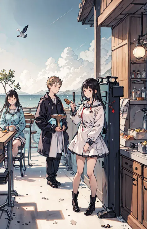 best quality, detailed background, girl,sea, cafeteria, bird, snow, winter, <lora:shadowverseFlame_hahajimafuwariV3:0.3>