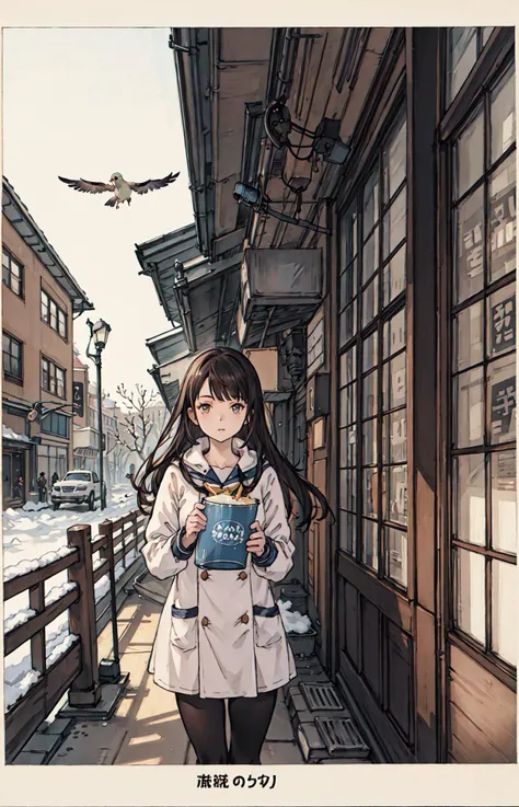 best quality, detailed background, girl,sea, cafeteria, bird, snow, winter, <lora:shadowverseFlame_hahajimafuwariV3:0.3>