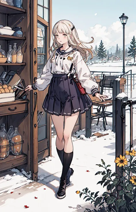 best quality, detailed background, girl,sea, cafeteria, bird, snow, winter, <lora:shadowverseFlame_hahajimafuwariV3:0.3>