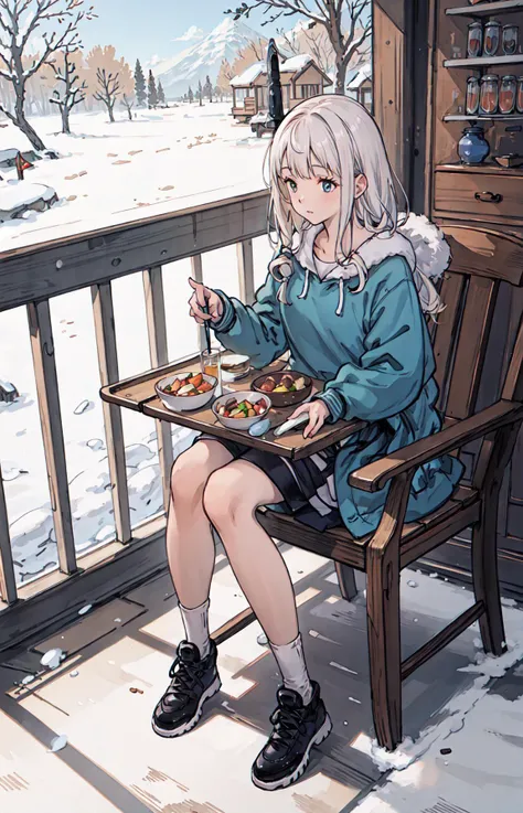 best quality, detailed background, girl,sea, cafeteria, bird, snow, winter, <lora:shadowverseFlame_hahajimafuwariV3:0.3>