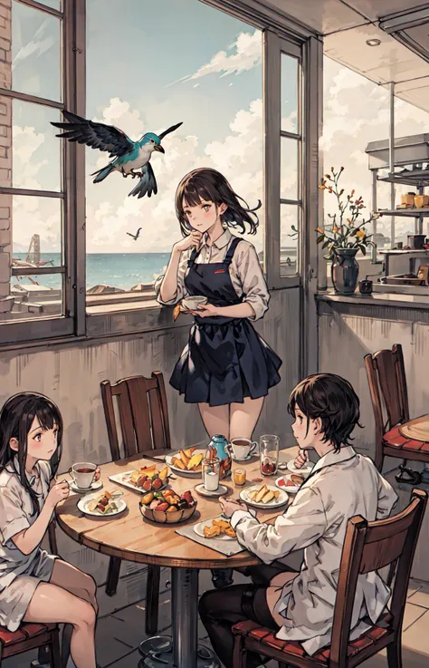 best quality, detailed background, girl,sea, cafeteria, bird, snow, winter,