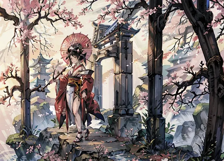 Portrait Of Stunningly Beautiful Girl, Petite, Delicate Beautiful Attractive Face With Alluring Black Eyes, Sharp Eyebrows, Broadly Smiling, Open Mouth, Cute Fangs, Lovely Small Breasts, Layered Medium White Hair, Blush Eyeshadow, Traditional Floral Long Kimono, Kimono Obi, Okobo Shoes, Holding Oil-Paper Umbrella, Cherry Blossom Tree, Flower Branch, With Falling Petals, East Asia Architecture, Standing Looking Up In Little Shrine, Torii Gates, Saisen Bako, Stone Lantern, (Highest Quality, Amazing Details:1.25), (Solo:1.3), Brilliant Colorful Paintings<lora:Ghibli_v4:0.8> <lora:style1-fC_v1.0:0.75>