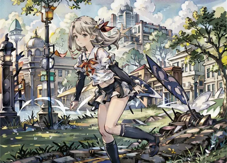masterpiece, best quality, ultra-detailed, illustration,<lora:illya22outfits:0.7>(UniformIllya, Illya's School Uniform),1 girl, scenery, outdoors, road, power lines, city, tree, building, sign, cityscape, road sign, utility pole, ground vehicle, motor vehicle, street, car, sky, day, real world location <lora:Ghibli_v4:0.5> <lora:style1-fC_v1.0:0.5>