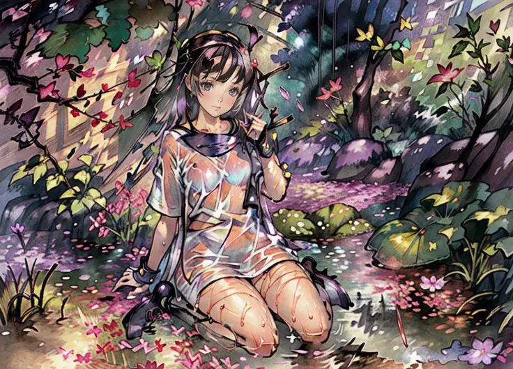 (masterpiece), (best quality), (ultra-detailed), intricate detail, perfect anatomy, 1girl, full body, <lora:asamiya_athena:0.75>, <lora:fashionGirl_v53:0.1>, <lora:hipoly3DModelLora_v20:0.05>a girl, (after the rain:1.5), sitting in a puddle, (night time, shining stars:1.3), (flower field, glowing, bloom, chromatic, colourful:1.3), (wet foliage:1.8),<lora:Ghibli_v4:0.5> <lora:style1-fC_v1.0:0.5>