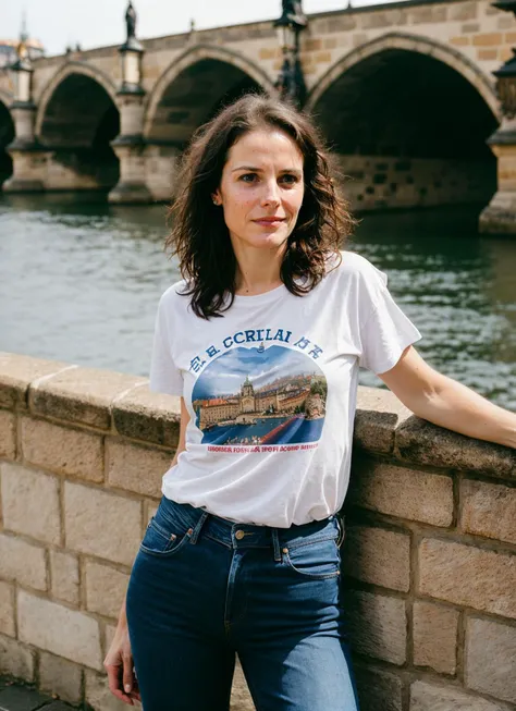 A stunning intricate full color portrait of (sks woman:1) in Prague, at the Charles Bridge, wearing tshirt and jeans, epic character composition, sharp focus, natural lighting, subsurface scattering, f2, 35mm, film grain, , by Dorothea Lange, <lora:locon_marylouiseparker_v1_from_v1_64_32:1>