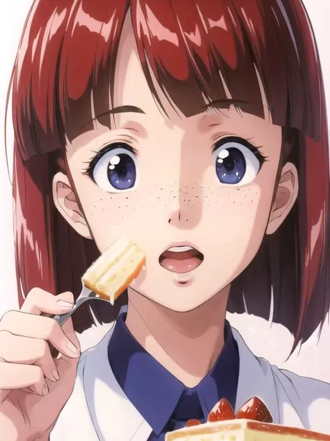 <lora:Naoko001:0.7> Masterpiece, Naoko,1girl,bob cut,brown hair,freckles, <lora:add_detail:0.5>, <lora:noline:0.3>, <lora:boldline:-0.3>, eating_cake