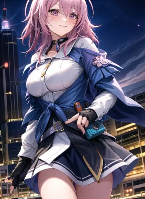 1girl, bangs, black gloves, blush, breasts, city,fingerless gloves, gloves, sunset,(volumetric lighting), jacket, long hair, long sleeves, pink hair, shirt, sky, walking, smile, solo