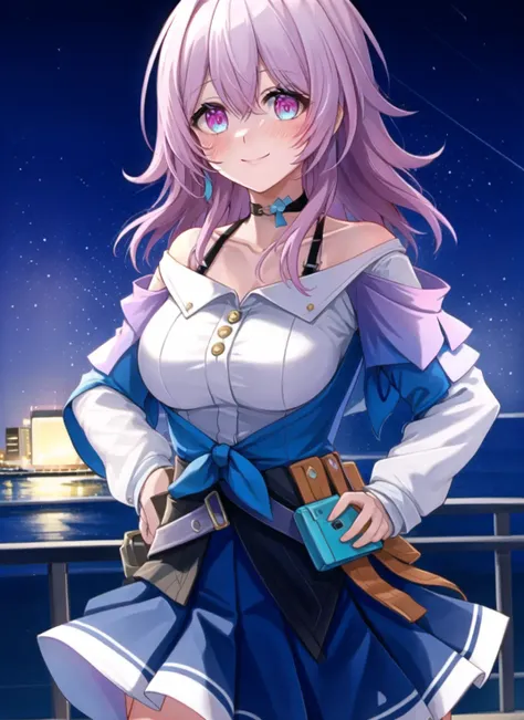 1girl, bangs, bare shoulders,gradient eyes, pink eyes,aqua eyes, blush, breasts, choker, collarbone, garter straps, hair between eyes, jacket, jewelry, long sleeves, medium breasts, off shoulder, open jacket, pink hair, pleated skirt, shirt, skirt, solo, (walking), white shirt ,outdoors,night,dstarry night,full moon,light smile,outdoors,park,hands on hips,(good hands)