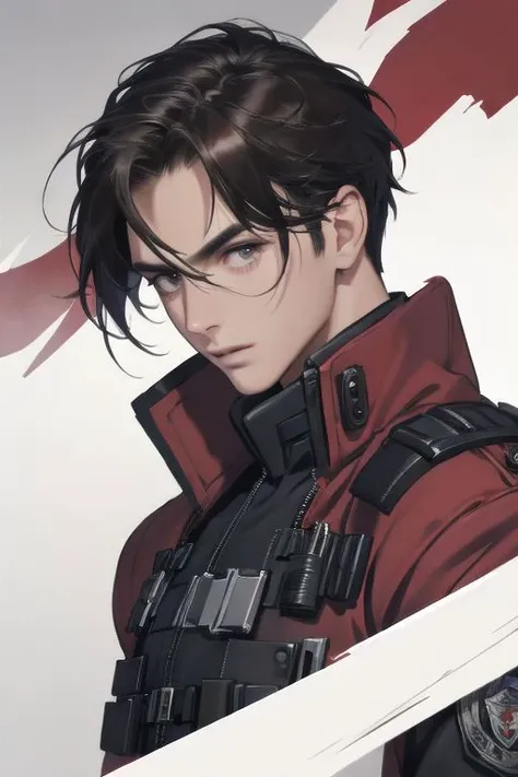 1 man, portrait of an 20-year-old guy in a bulletproof vest and red overcoat, extremely detailed, highest detailed, masterpiece, best quality, high quality, highres, ultra highres, ultra details, finely detail,extremely detailed,real shadow, highly detailed