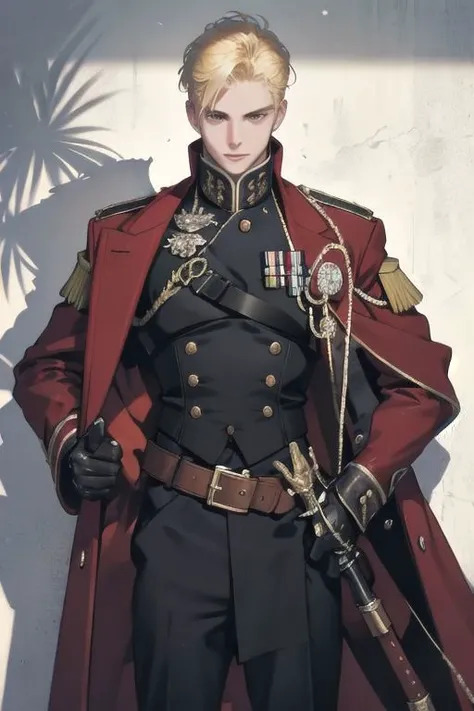 1 man, portrait of an 18-year-old blonde guy in a bulletproof vest and red overcoat, extremely detailed, highest detailed, masterpiece, best quality, high quality, highres, ultra highres, ultra details, finely detail,extremely detailed,real shadow, highly detailed