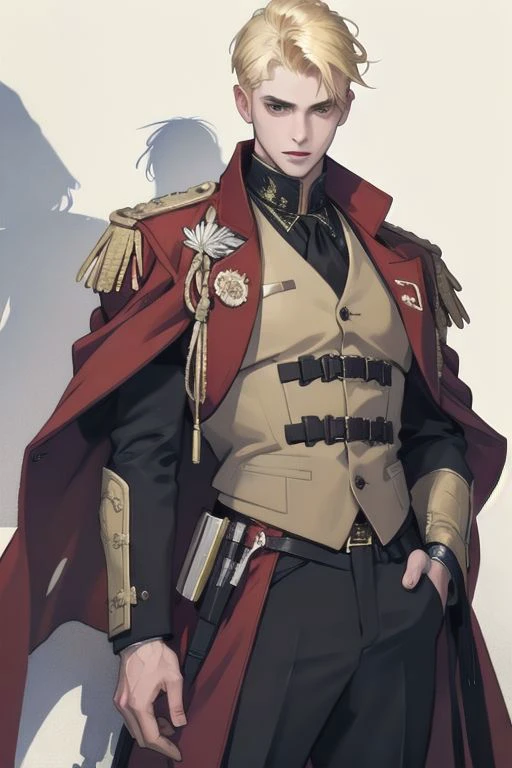 1 man, portrait of an 18-year-old blonde guy in a bulletproof vest and red overcoat, extremely detailed, highest detailed, masterpiece, best quality, high quality, highres, ultra highres, ultra details, finely detail,extremely detailed,real shadow, highly detailed