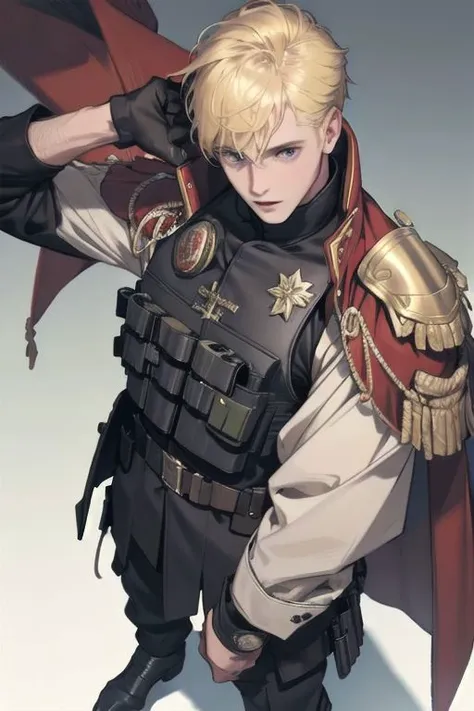 1 man, portrait of an 18-year-old blond guy in a bulletproof vest and red overcoat, helmet, extremely detailed, highest detailed, masterpiece, best quality, high quality, highres, 16K, RAW, ultra highres, ultra details, finely detail,extremely detailed,real shadow, highly detailed