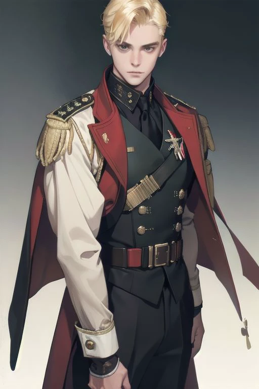 1 man, portrait of an 18-year-old blonde guy in a bulletproof vest and red overcoat, extremely detailed, highest detailed, masterpiece, best quality, high quality, highres, ultra highres, ultra details, finely detail,extremely detailed,real shadow, highly detailed