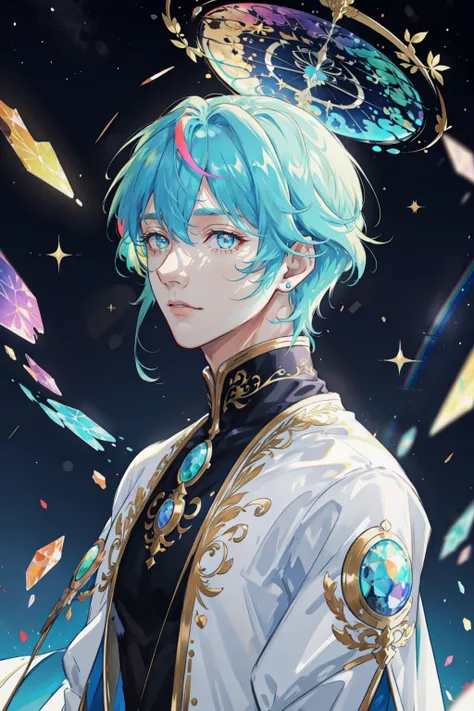 masterpiece, best quality, 1 male, adult, handsome, tall muscular guy, broad shoulders, finely detailed eyes and detailed face, extremely detailed CG unity 8k wallpaper, intricate details, pastel rainbow hair, aqua eyes, from side, space, galaxy, milky way, starry sky, glitter, astrology, broken glass, rainbow light, swirling wind, extremely detailed face, Shining white particles, rainbow-colored butterfly, depth of field