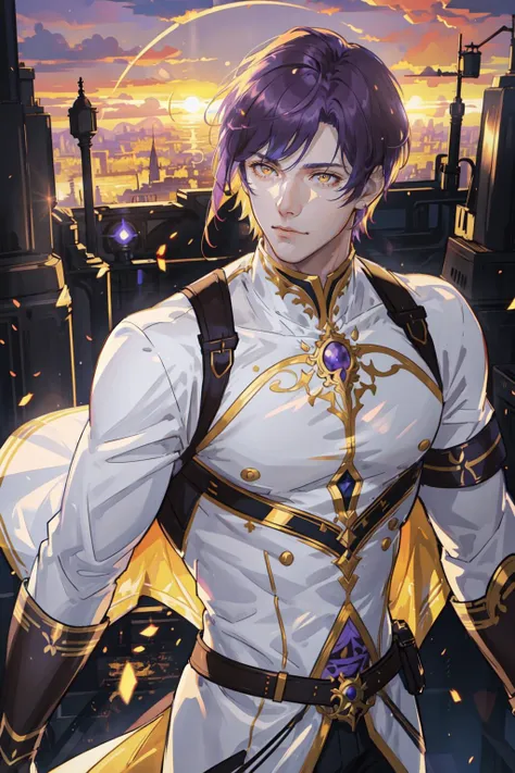 masterpiece, best quality, 1 male, adult, handsome, tall muscular guy, broad shoulders, finely detailed eyes and detailed face, extremely detailed CG unity 8k wallpaper, intricate details, very short hair, violet hair, glowing yellow eyes, sunrise background, cinematic light, backlighting, glow white particles, lens flare, colorful, dusk, cloudy sky, depth of field